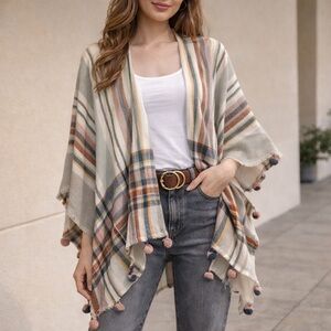 Francesca’s Plaid Pom Pom Poncho One Size Boho Fringe Wrap Nursing Cover Layer